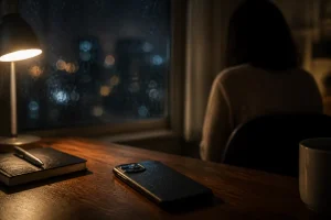 夜の部屋で机に伏せられたスマホを見つめる場面
