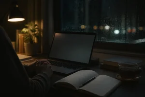 夜中に証拠のない不安をノートに整理する場面