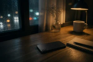 夜の部屋で机に伏せられたスマホを見つめる場面