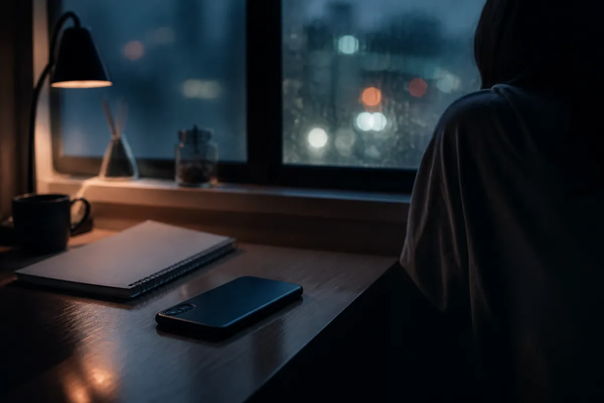 夜の部屋で机に伏せられたスマホを見つめる場面