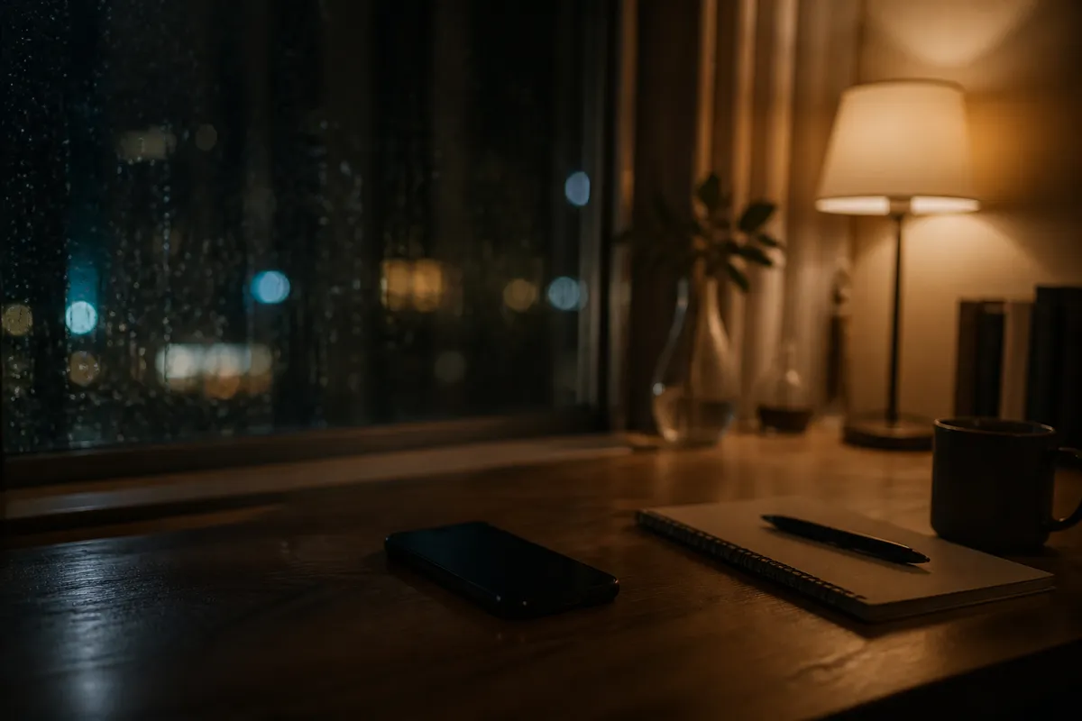 夜の部屋で机に伏せられたスマホを見つめる場面