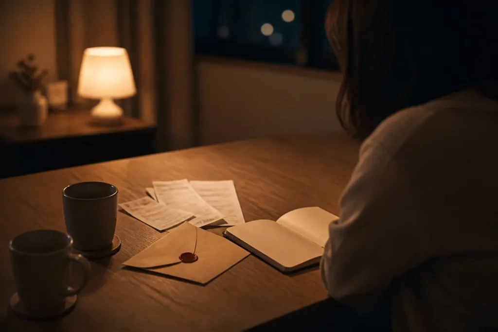 夜の机でお金と結婚話の違和感を整理する場面