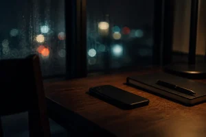夜の部屋で机に伏せられたスマホを見つめる場面
