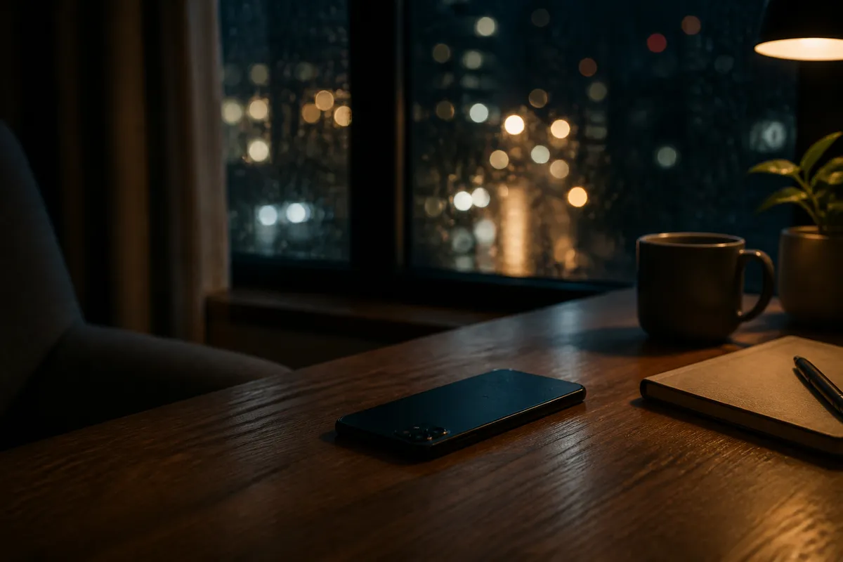 夜の部屋で机に伏せられたスマホを見つめる場面