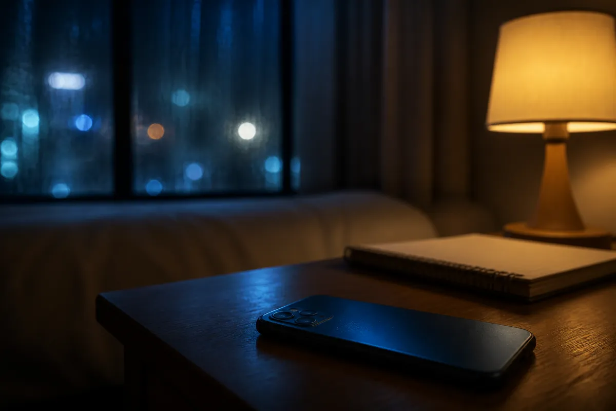 夜の部屋で机に伏せられたスマホを見つめる場面