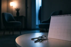 夜の部屋で相手の素性が見えない不安を整理する場面