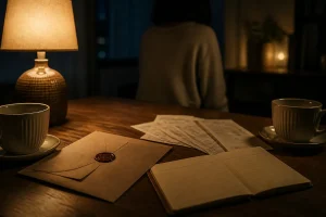 夜の机でお金と結婚話の違和感を整理する場面