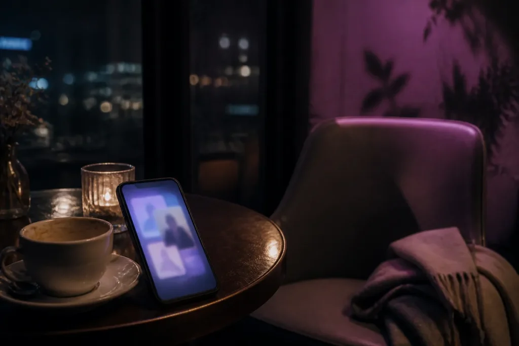 夜のカフェでマッチングアプリの違和感を整理する場面