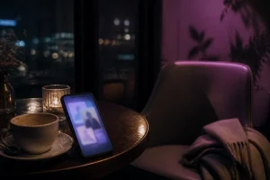 夜のカフェでマッチングアプリの違和感を整理する場面