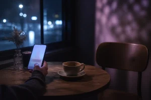 夜のカフェでマッチングアプリの違和感を整理する場面