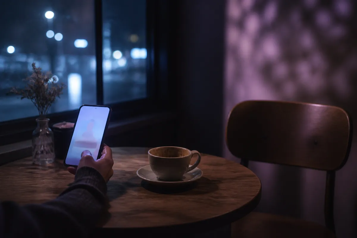 夜のカフェでマッチングアプリの違和感を整理する場面