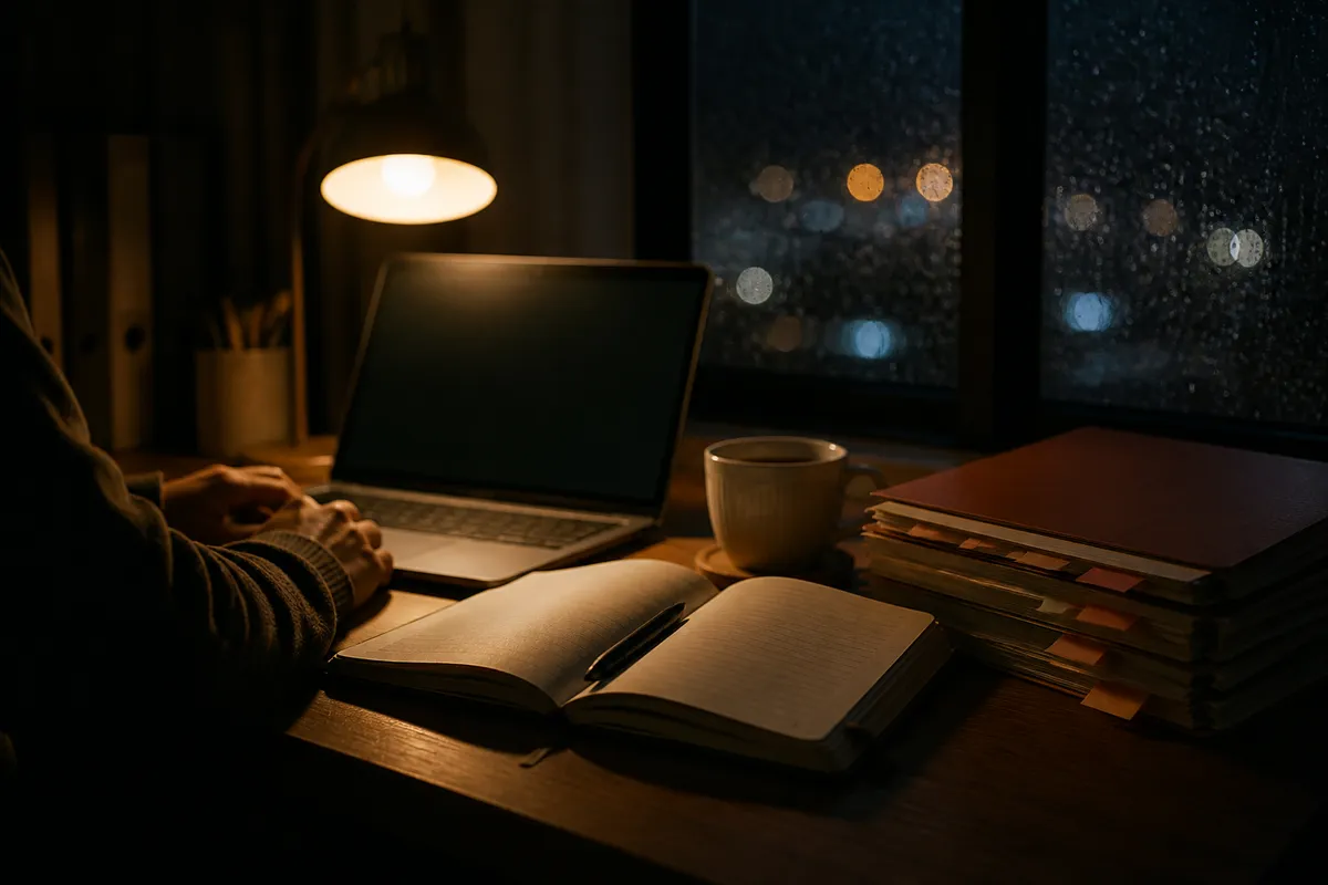 夜中に証拠のない不安をノートに整理する場面