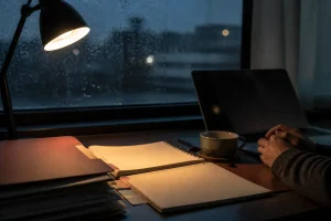 夜中に証拠のない不安をノートに整理する場面
