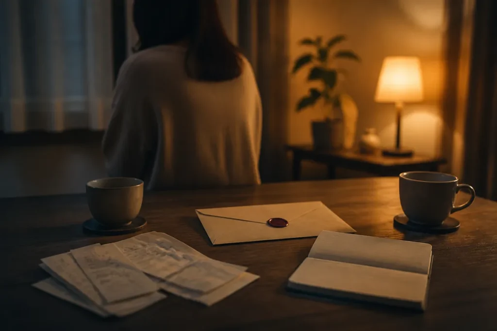 夜の机でお金と結婚話の違和感を整理する場面