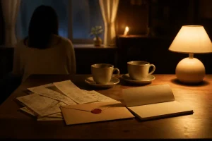 夜の机でお金と結婚話の違和感を整理する場面