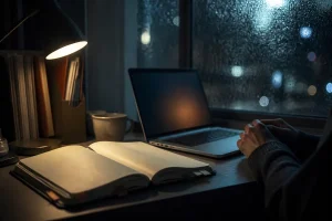 夜中に証拠のない不安をノートに整理する場面