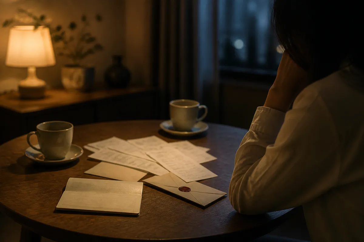 夜の机でお金と結婚話の違和感を整理する場面