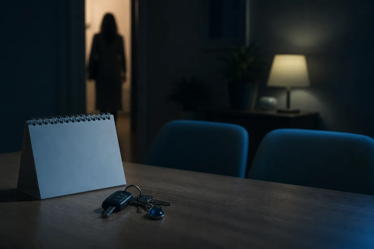 夜の部屋で相手の素性が見えない不安を整理する場面