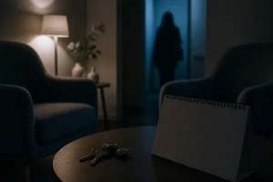 夜の部屋で相手の素性が見えない不安を整理する場面