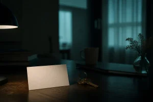 夜の机で相手の住所や仕事が見えない不安を整理する場面