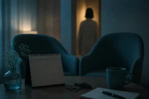 夜の部屋で相手の素性が見えない不安を整理する場面