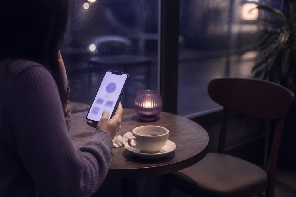 夜のカフェでマッチングアプリの違和感を整理する場面