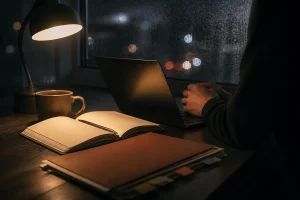 夜中に証拠のない不安をノートに整理する場面