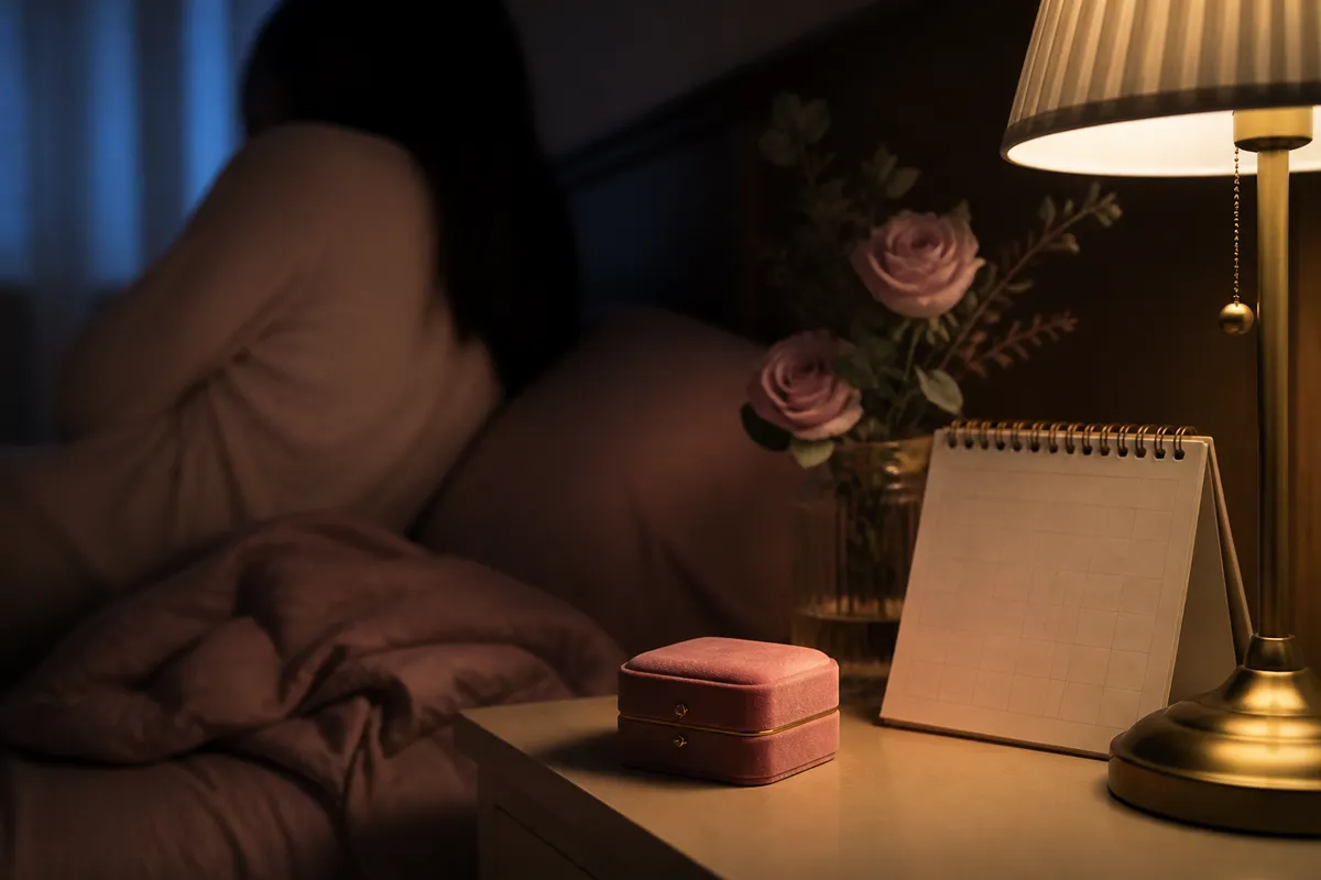 夜の机で結婚話が進まない不安を整理する場面